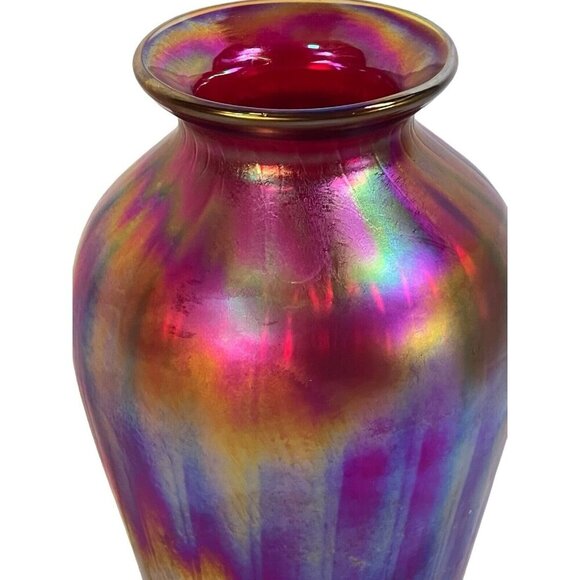 Fenton Amberina Optic Collection Ruby Blue Orange Iridescent Glass Vase signed - Picture 8 of 16